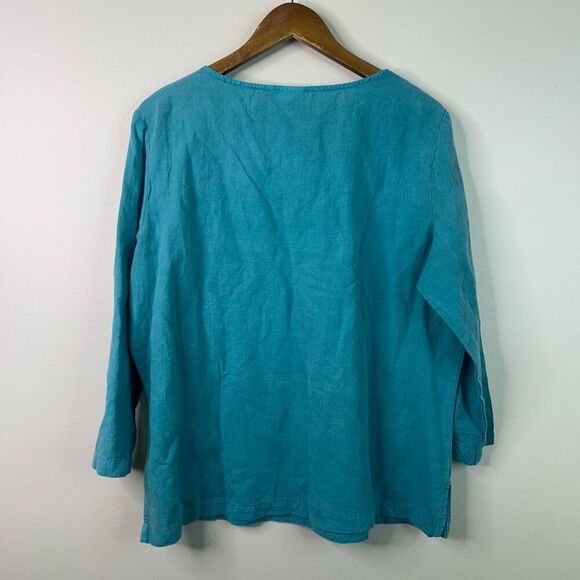 Hot Cotton Linen Button Neck Coastal Turquoise Blue Top XL Casual Boho Pullover - Picture 6 of 9